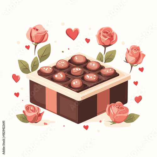 Vector modern flat illustration of chocolate box and roses - Suitable for confectionery ads, florist promotions, or luxury gift guides. , vector style simple color