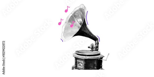 Vintage gramophone playing music, nostalgic sound with floating notes, classic vinyl record player, retro audio, timeless design, musical instrument