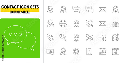 Futuristic Contact thin linear vector illustration icons set with editable stroke, featuring help, support, call center, online help, fax, message, social media, email, phone, location thin line art. 