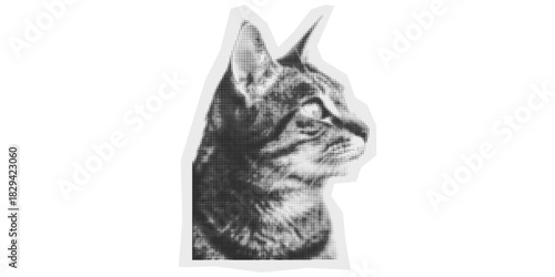 Striking modern halftone design of a cat's head, perfect for edgy branding or a unique pet product advertisement, stylish animal art, cool cat illustration