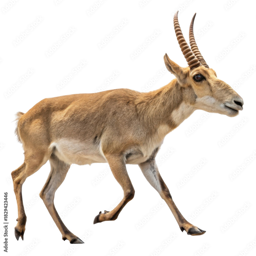 Obraz premium Rare brown Saiga antelope walking in profile. This alert wild animal mammal with large horn isolated for conservation awareness content