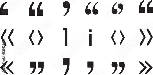 black silhouette punctuation marks set including single and double quotation marks, commas, chevrons, and angle brackets