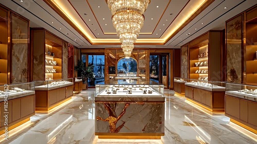 Luxurious Jewelry Store Interior With Crystal Chandelier Marble Floors and Gold Accents