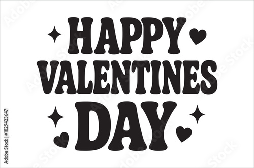 Bold black text displaying happy valentines day with heart and star embellishments