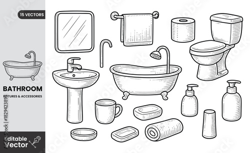A sketch illustration depicting common bathroom fixtures and accessories