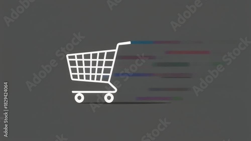 Dynamic online shopping cart icon with vibrant speed trails, symbolizing rapid e-commerce transactions, swift delivery, and efficient digital retail services for modern consumers