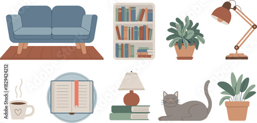 Cozy home decor illustration, living room elements with sofa, books, plants, cat, lamp, coffee, reading nook, comfortable interior design