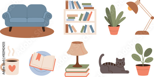 Cozy home decor illustration, living room elements with sofa, books, plants, cat, lamp, coffee, reading nook, comfortable interior design