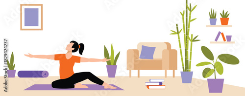 Home yoga practice illustration, woman doing stretching exercises indoors, wellness and fitness concept, relaxing workout in cozy living room environment