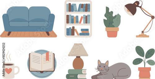Cozy home decor illustration, living room elements with sofa, books, plants, cat, lamp, coffee, reading nook, comfortable interior design