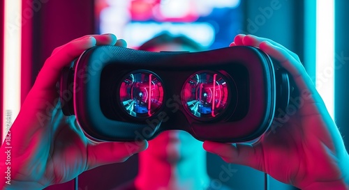Person holding a virtual reality headset up to the camera, illuminated by vibrant pink and blue neon lights in a dark setting Background image