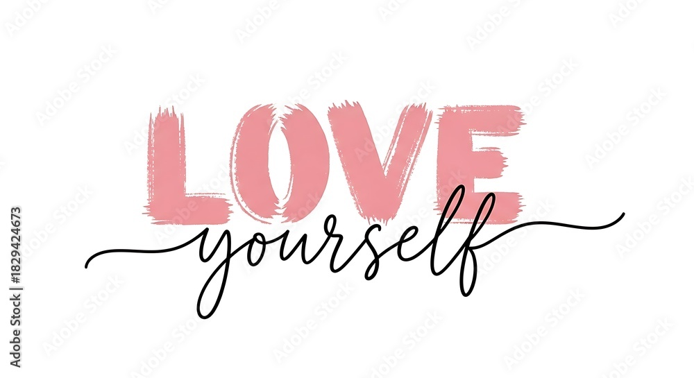 Fototapeta premium Inspirational text art featuring the phrase love yourself in pink brush strokes and elegant script isolated on whiteBackground image