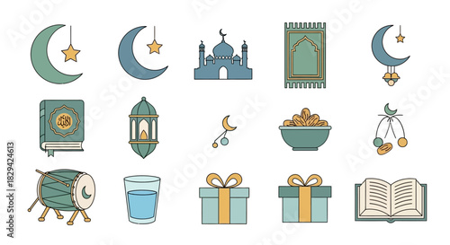 A Diverse Assortment of Colorful Line Art Icons Symbolizing Islamic Culture, Ramadan, and Eid Celebrations