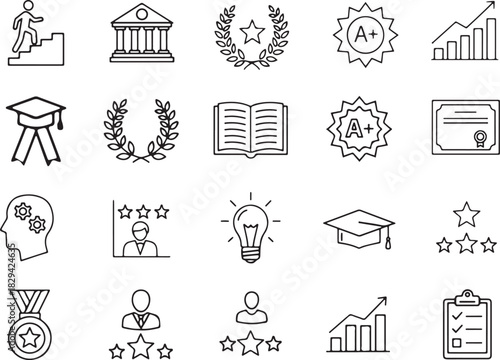 outline vector set of education, achievement, and quality icons including graduation cap, university, medal, rating, and progress chart