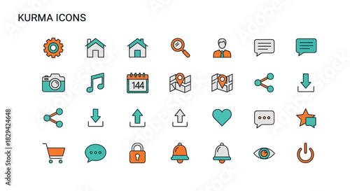 Versatile collection of modern outline icons for web and mobile interfaces, featuring essential digital functions in vibrant orange and teal accents