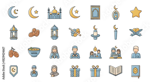 Collection of Eid Mubarak themed icon set for Islamic festivals, and Ramadan celebrations