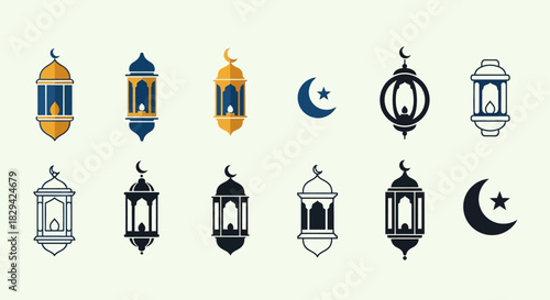 A diverse collection of Islamic fanous lanterns, crescent moon, and star icons for Ramadan and Eid celebrations