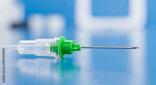 Closeup of a green hub intravenous iv catheter needle assembly resting on a reflective blue surface in a medical setting Background image