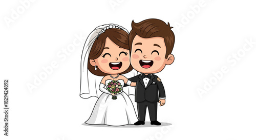 Adorable cartoon newlywed couple in formal attire radiating happiness and beginning a new chapter