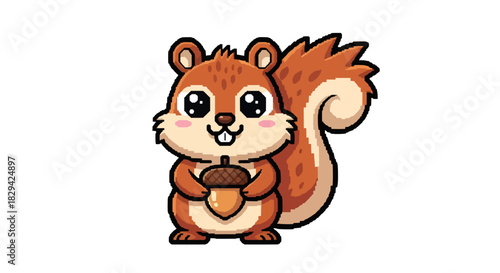 Adorable cartoon squirrel holding an acorn, set against a clean white backdrop, perfect for