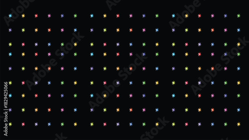 Radiant starburst grid of multicolor symbols glowing against black in symmetrical geometric harmony