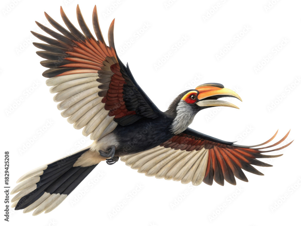 Obraz premium Majestic hornbill bird flying with power. An illustration of wildlife with large brown and white feather spread on isolated background