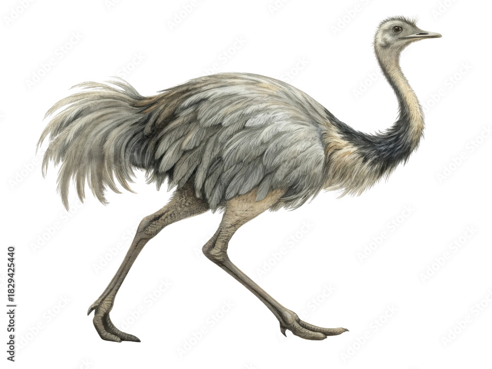 Fototapeta premium Graceful illustration of large gray flightless rhea bird walking. This wild animal from nature shown in detailed drawing