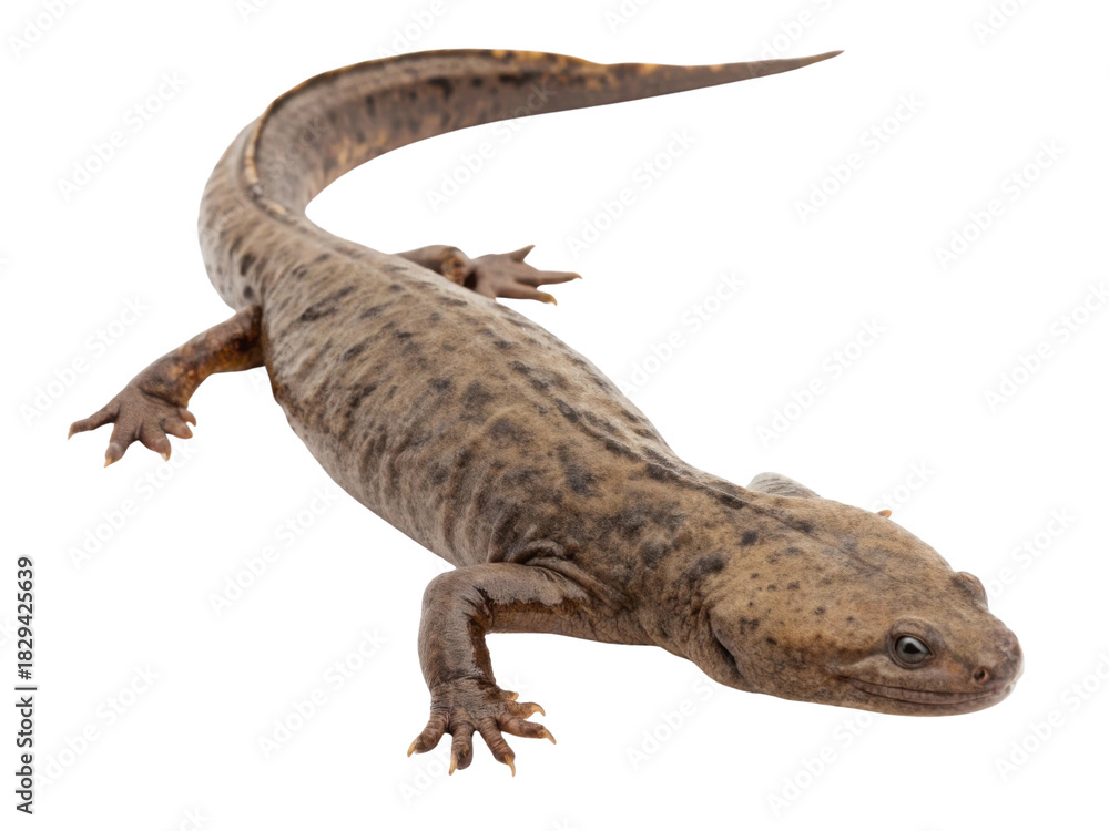 Naklejka premium Calm brown newt, small amphibian creature with mottled skin. Isolated wildlife animal, salamander looks alert with transparent background