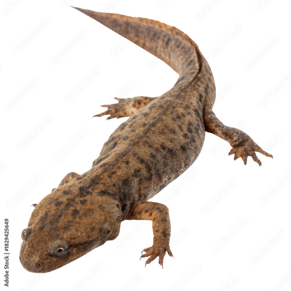 Naklejka premium Calm brown newt, wild amphibian with spotted skin. This isolated salamander animal is walking, viewed from above with its long tail visible