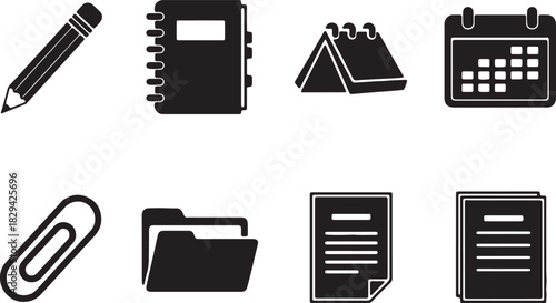 black silhouette icons set of various office supplies and stationery items including a pencil, notebook, calendars, and documents