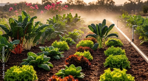 Vegetable garden being watered under the warm summer sunlight
