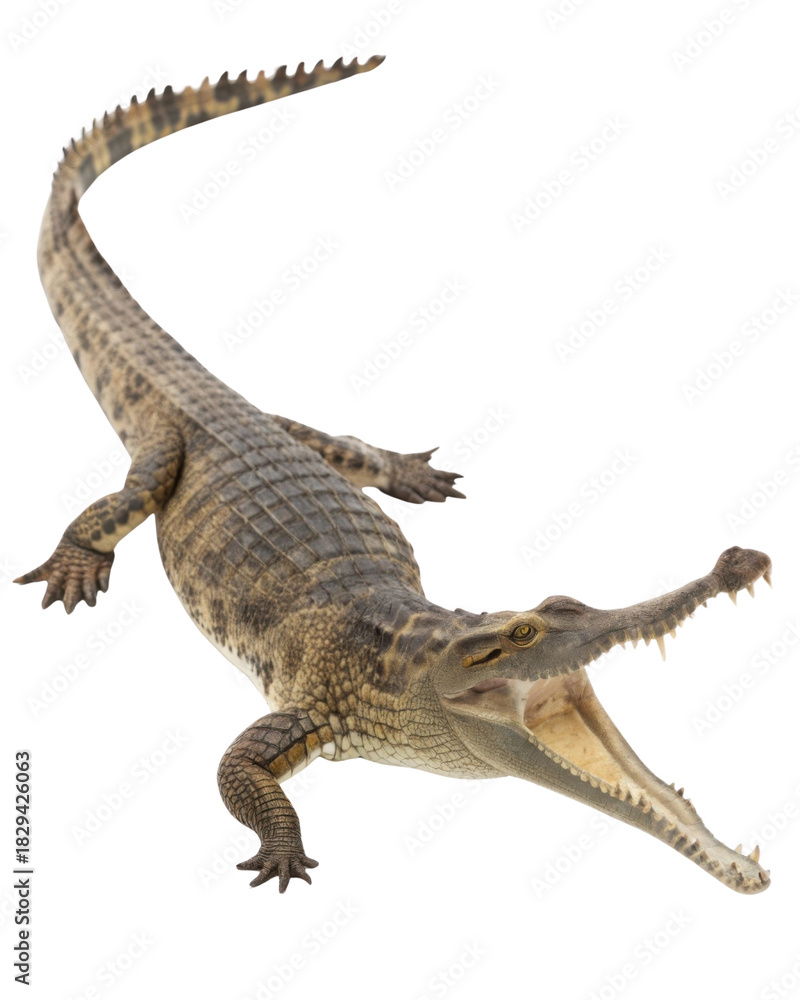Fototapeta premium Fierce gharial reptile predator showing aggression with its mouth open wide. dangerous wild animal isolated on transparency background