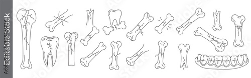 Bone fracture, crack, broken and dental line icon set – editable outline symbols of fracture, tooth, skeleton, and injury