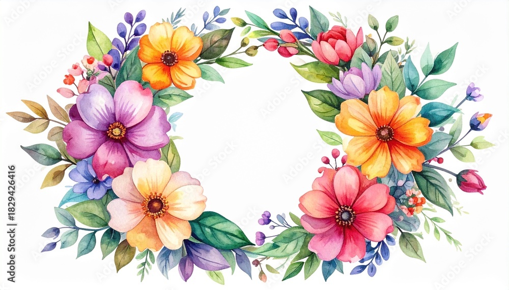 Fototapeta premium Colorful watercolor floral wreath frame illustration featuring soft petals, vibrant leaves, and a bright circular layout, perfect for greeting cards, invitations, wedding designs, posters, and elegant
