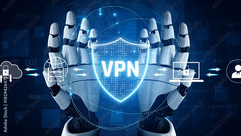 Fototapeta premium AI improves VPN by monitoring traffic, detecting risks, encrypting sessions, and optimizing routing to ensure private, secure, and efficient network access. Marrow