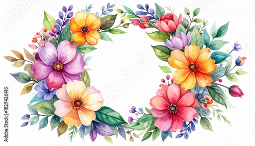 Colorful watercolor floral wreath frame illustration featuring soft petals, vibrant leaves, and a bright circular layout, perfect for greeting cards, invitations, wedding designs, posters, and elegant
