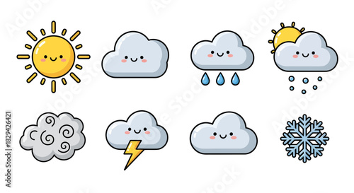 Adorable weather icons illustration capturing sunny, rainy, stormy, and snowy conditions