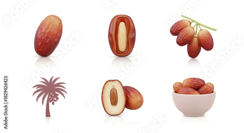 Collection of Fresh and Nutritious Organic Dates Whole, Sliced, on Branch, and in Bowl, a Sweet and Healthy Superfood