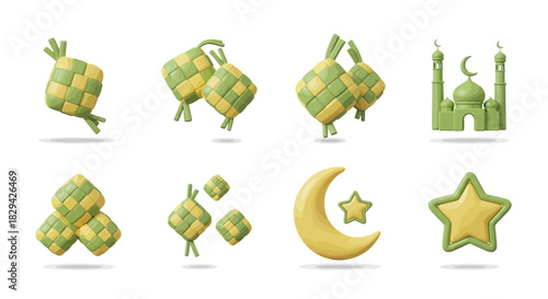 Delightful 3D collection featuring festive ketupat, mosque, and crescent moon symbols, perfect for celebrating religious holidays and cultural events