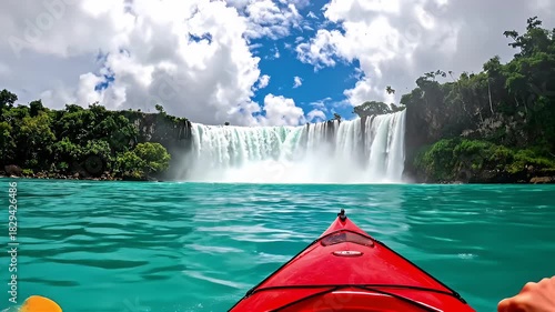 Kayaking Towards Majestic Waterfall Ocean Paradise Tropical Island Lush Greenery Bright Blue Sky White Clouds Vibrant