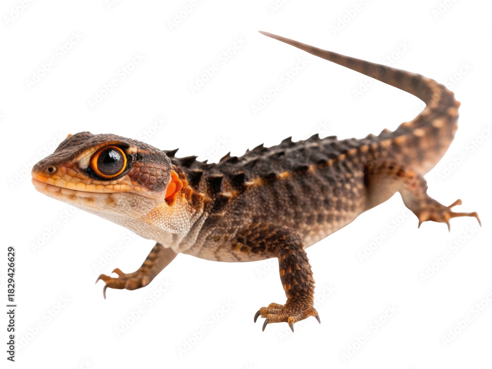 Naklejka premium Alert red eyed crocodile skink reptile, curious spiky brown lizard with long tail and orange eye, isolated on transparency background