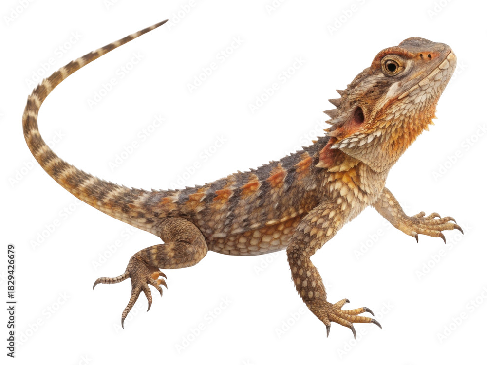 Naklejka premium Curious brown reptile, this exotic bearded dragon lizard animal stands isolated. wildlife pet with detailed scales and long tail