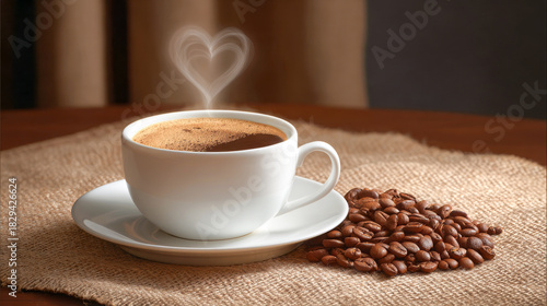 coffee cup filled with dark coffee, steam forms a heart shape, pile of roasted coffee beans spills onto a textured burlap surface