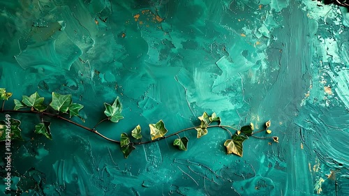 Textured Emerald Green Abstract Background With Golden Glitter And Ivy Vine Branch Natural Organic Artistry