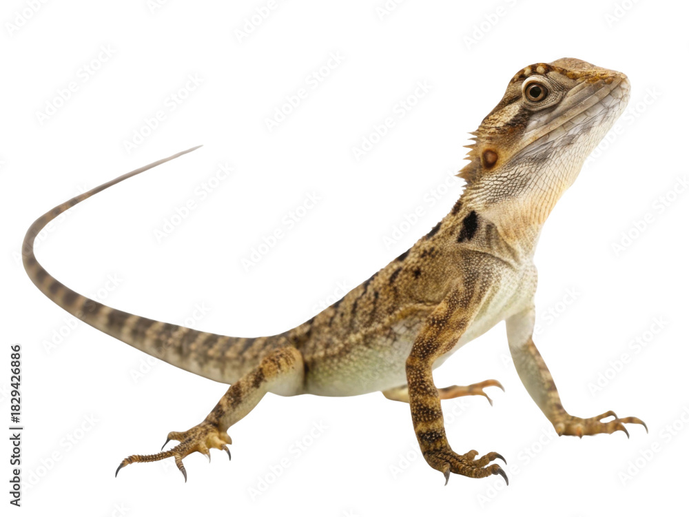 Naklejka premium Curious small brown lizard standing isolated. This wild animal, reptile pet, looking upward with proud and alert expression