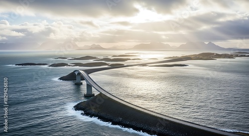 Fototapeta Naklejka Na Ścianę i Meble -  Scenic aerial view of the storseisundet bridge connecting islands across the norwegian sea under dramatic sunlight Background image