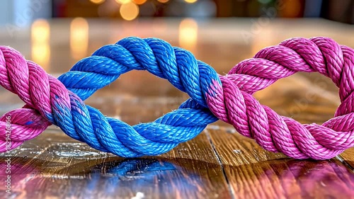 Pink And Blue Braided Rope Form Infinity Symbol Shape On A Wooden Table With Blurred Background Lighting
