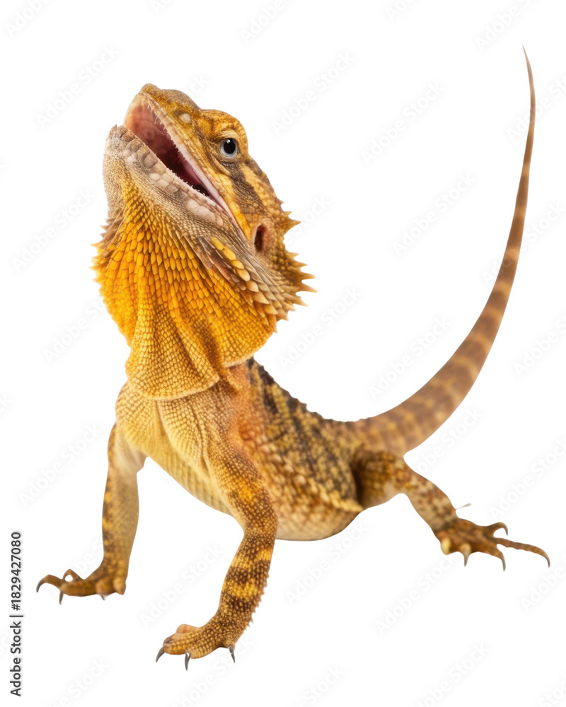 Obraz premium Alert yellow bearded dragon lizard with an open mouth. curious reptile pet shows wild display, isolated on transparent background