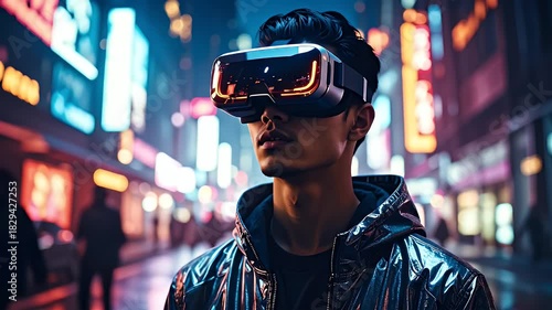 Young Man Wearing Virtual Reality Headset at Night with Neon City Lights and Blurry Pedestrians in Background