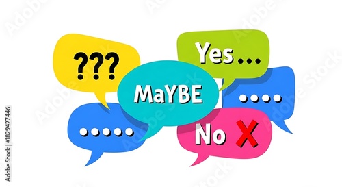 Multiple colorful speech bubbles showing options like maybe, yes, no, and question marks, isolated on white Background image